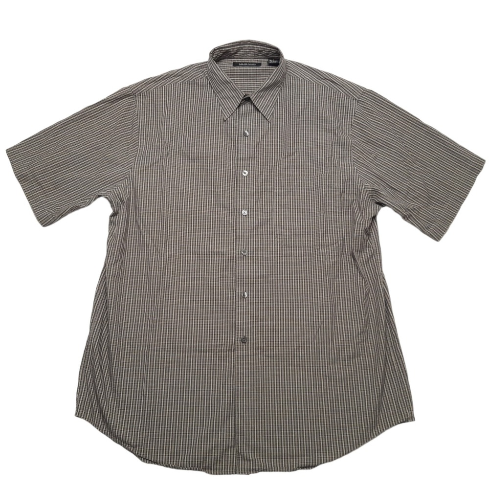 Murano Button Up Shirt Men Large Brown Micro Check Plaid Short Sleeve Minimalist